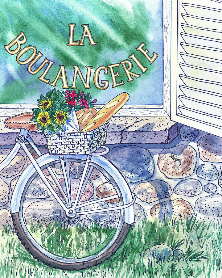 Watercolor Bicycle At Bakery Basket Of Sunflowers With Bread Painting by Irina Sztukowski