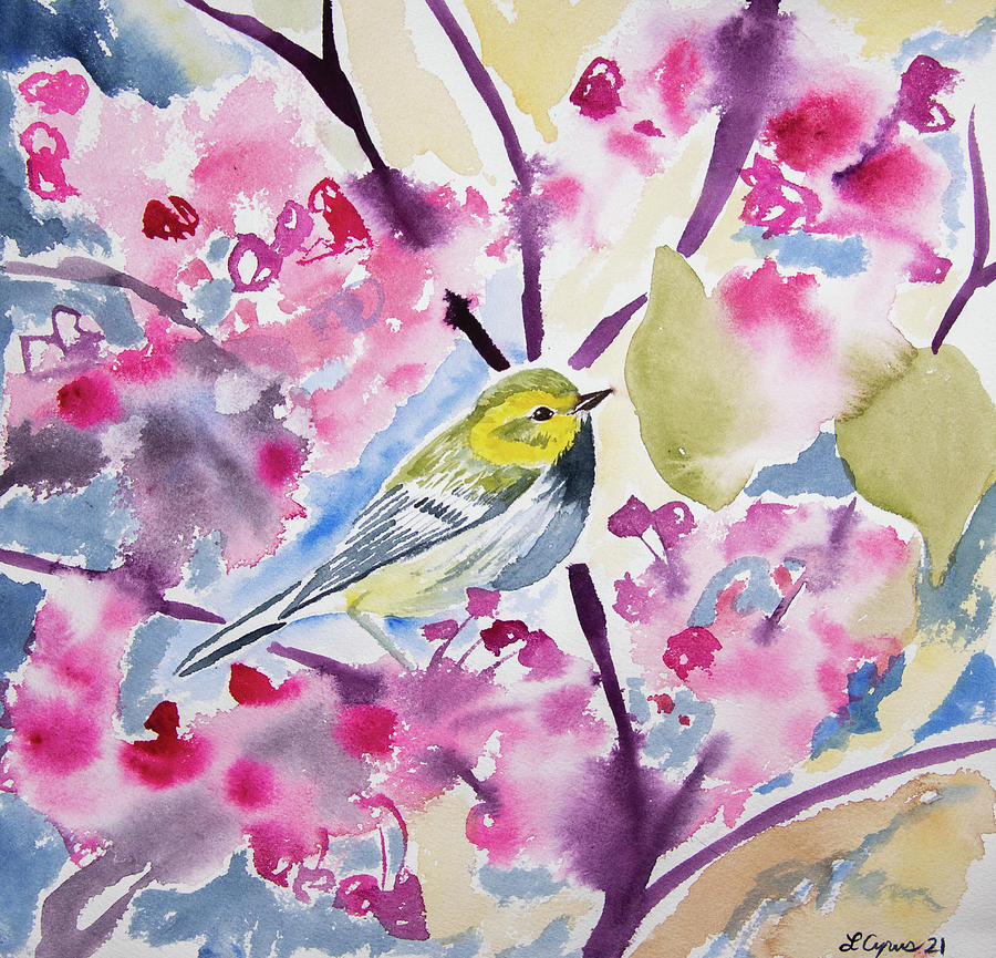 Watercolor - Black-throated Green Warbler with Redbud Flowers Painting by Cascade Colors