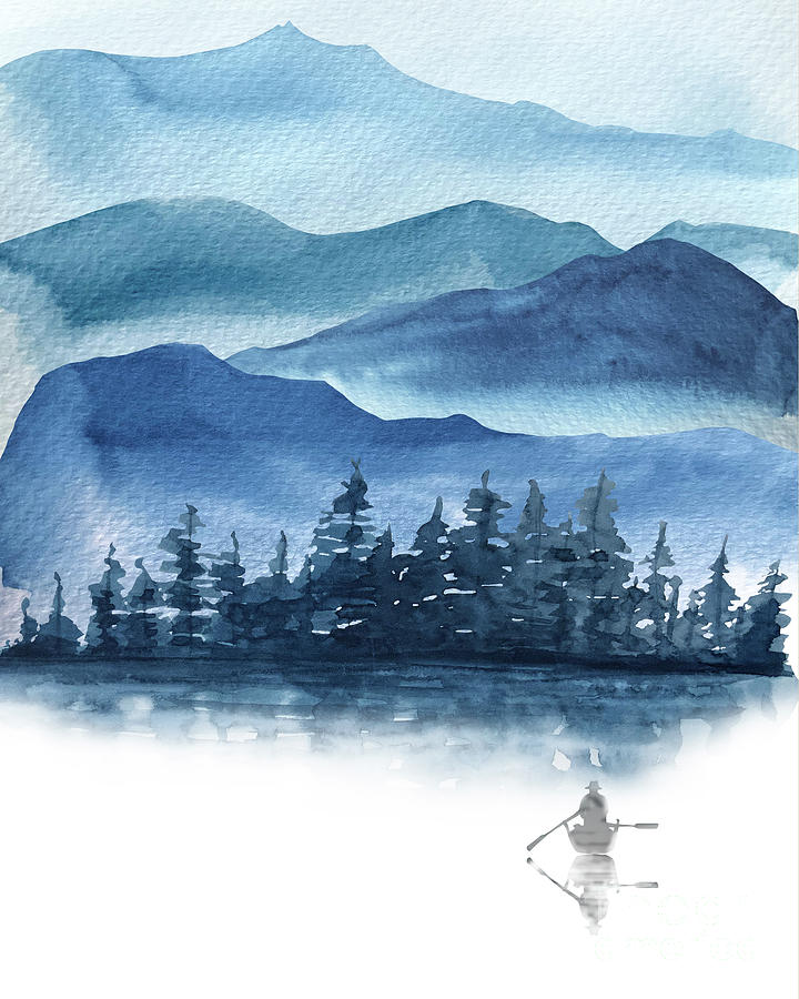 Watercolor Blue Mountains Scenic Landscape Digital Art by Amusing DesignCo
