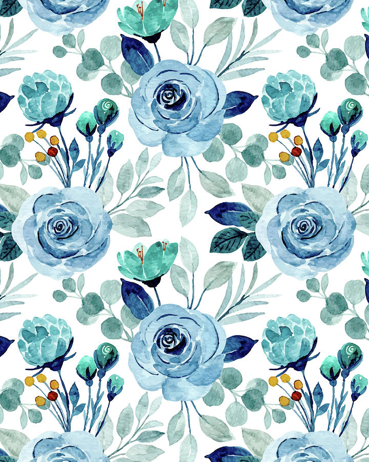 Watercolor blue roses pattern Digital Art by The Typography Tipi - Fine ...