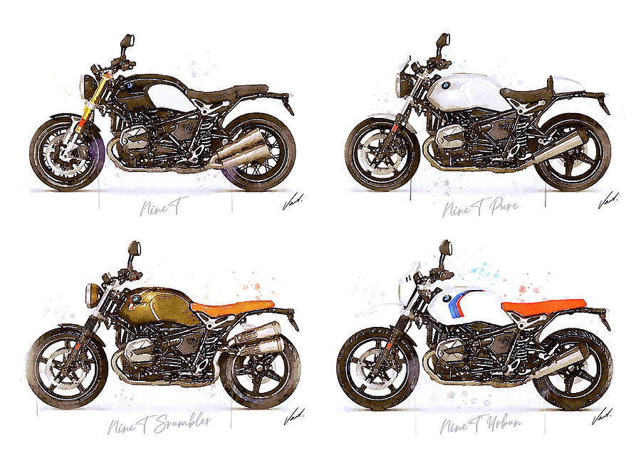 Watercolor BMW NineT motorcycle models - oryginal artwork by Vart. Painting by Vart