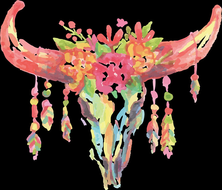 Flower Digital Art - Watercolor Bovine Skull with Flowers Floral Animal by Jacob Zelazny