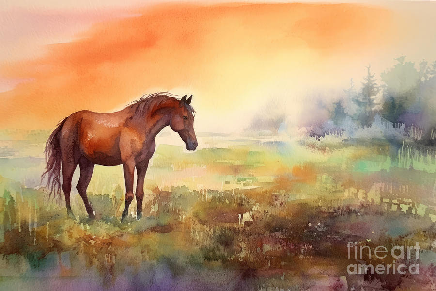 Nature Painting - Watercolor Brown Horse Standing In Grass In Sunset Light Yellow  by N Akkash