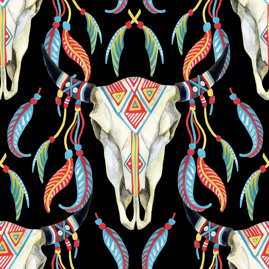 Watercolor buffalo skull seamless pattern Painting by Julien - Fine Art ...