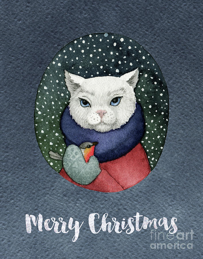 Watercolor Cat Winter Christmas Holiday Painting by Modern Art