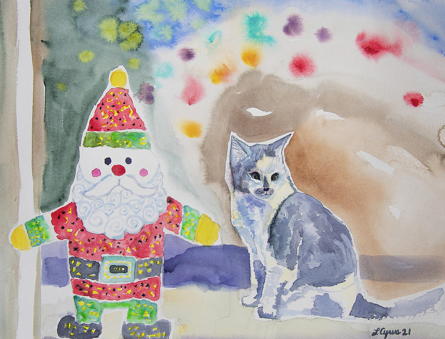 Watercolor - Cat with Santa Painting by Cascade Colors