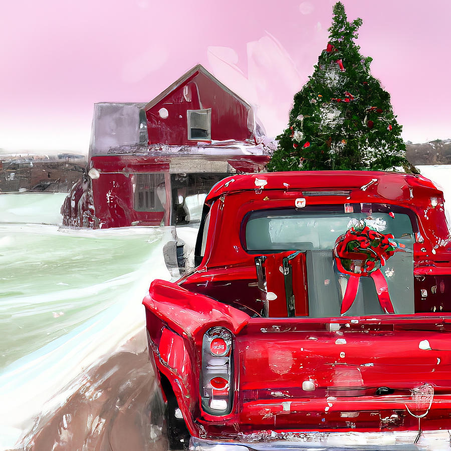 Watercolor Christmas pickup truck Digital Art by Karen Foley