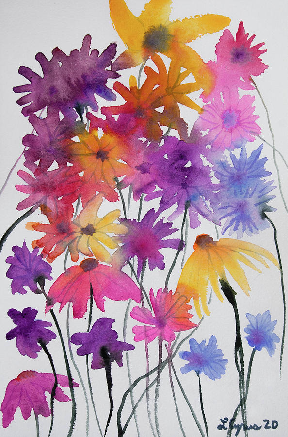 Watercolor - Colorful Garden Blooms Painting