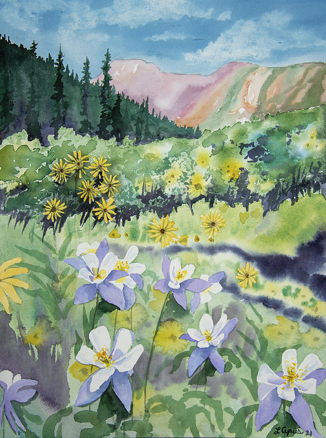 Watercolor - Columbine and Sunflower Landscape Painting by Cascade Colors