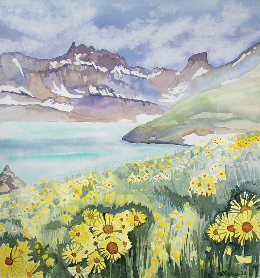 Watercolor- Columbine Lake Summer Wildflower Landscape Painting by Cascade Colors