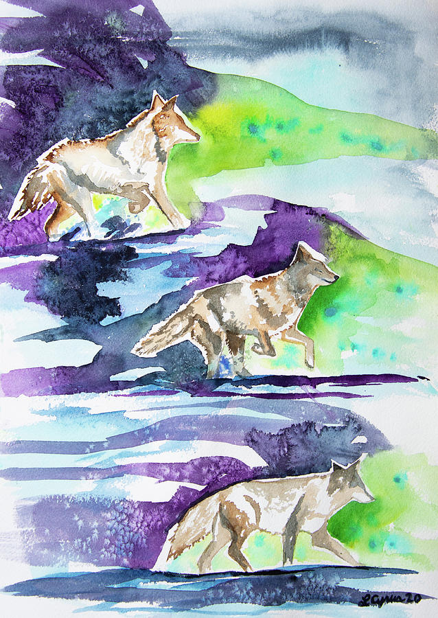 Watercolor - Coyote Running Through the Snow Painting by Cascade Colors