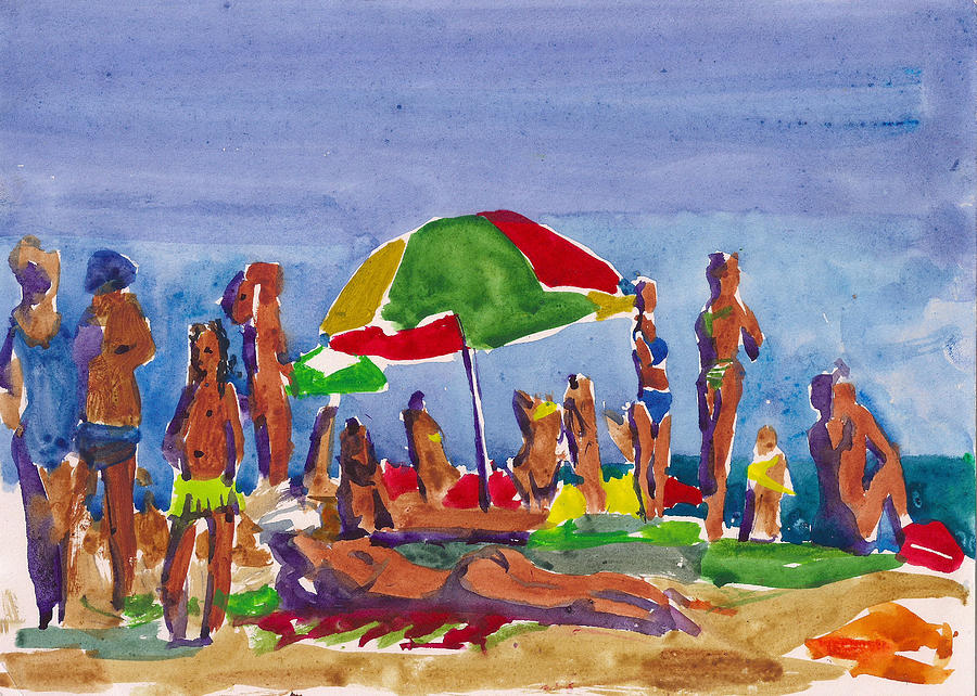 Watercolor Drawing About Summer Vacation At The Resort. Beach With Sunburned People Relaxing In Swimsuits And Inflatable Lifebuoys, Colorful Umbrella And Children Playing Photograph