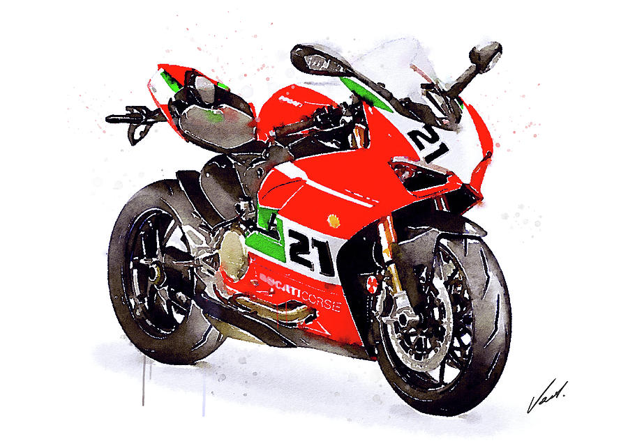 Watercolor Ducati Panigale V2 Bayliss motorcycle, oryginal artwork by Vart. Painting by Vart Studio