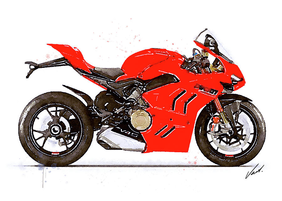Watercolor Ducati Panigale V4S 2022 motorcycle - oryginal artwork by Vart. Painting by Vart Studio