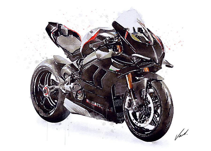 Watercolor Ducati Panigale V4SP 2022 motorcycle, oryginal artwork by Vart. Painting by Vart Studio