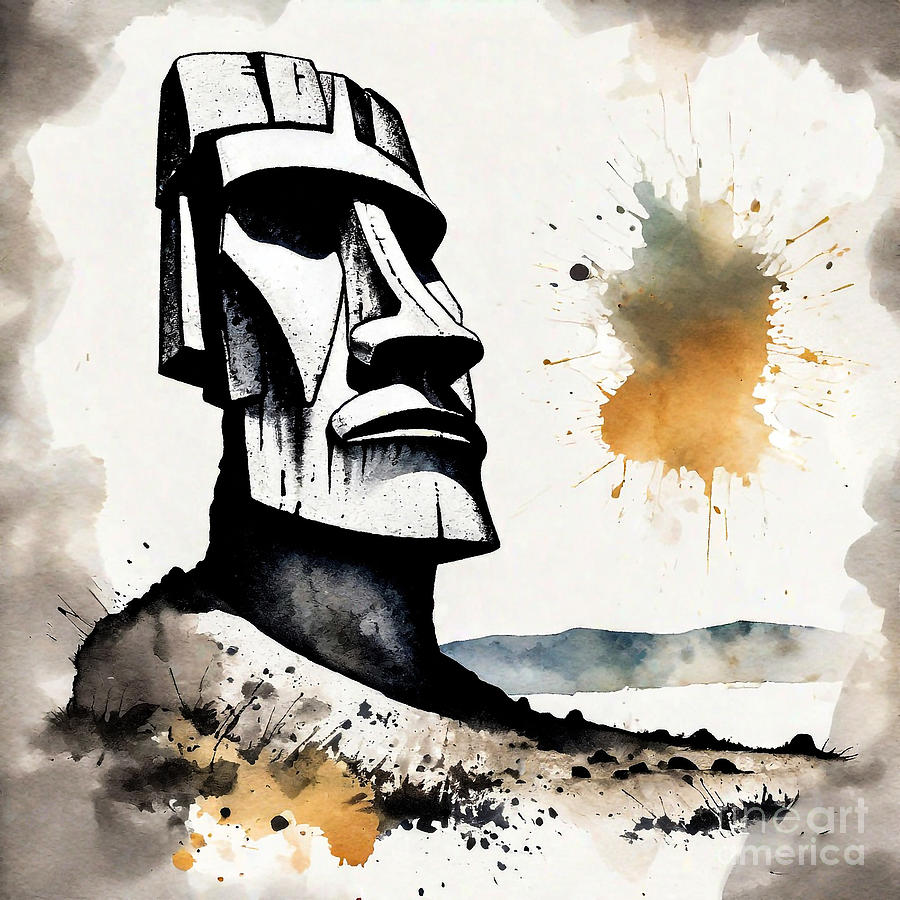 Watercolor Easter Island Moai - Easter Island Chile Painting