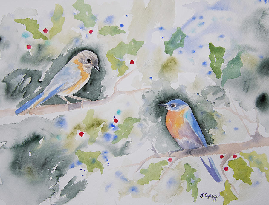 Watercolor - Eastern Bluebird Pair with Holly Painting by Cascade Colors