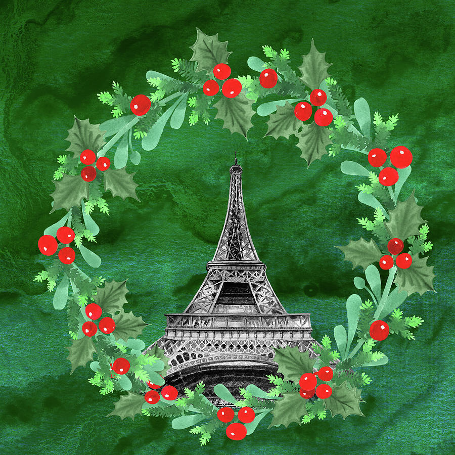 Watercolor Eiffel Tower Holiday Wreath On Emerald Green  Painting by Irina Sztukowski