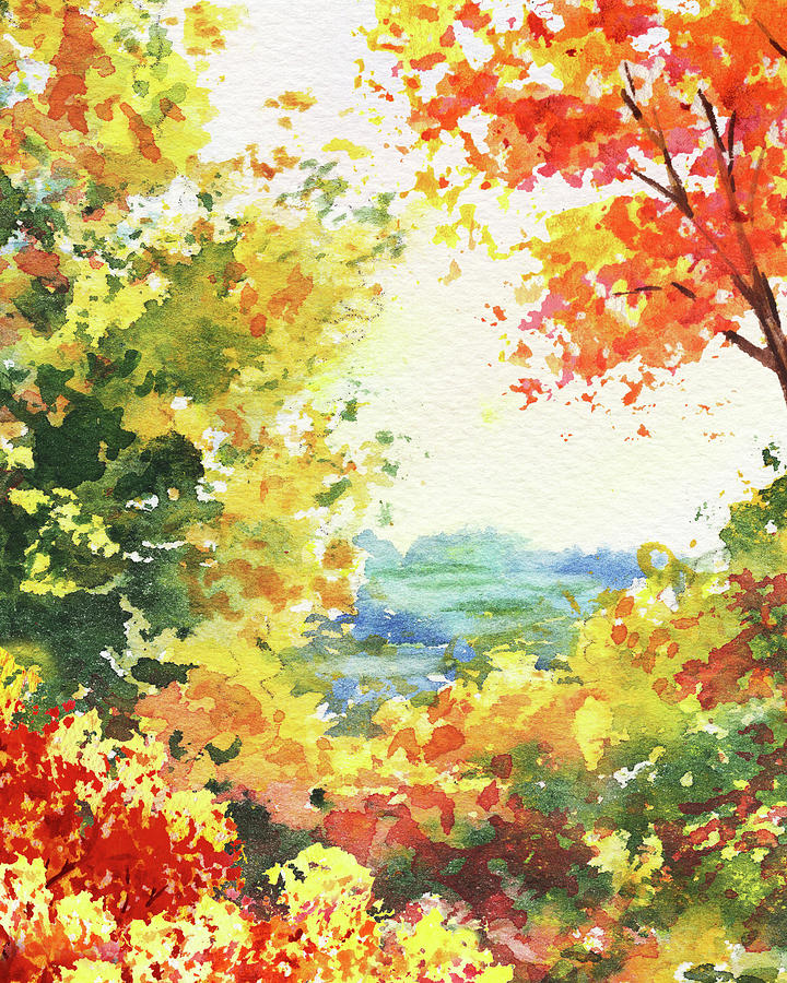 Watercolor Fall Composition Autumn Landscape Trees Leaves Warm Tones Art IV Painting by Irina Sztukowski