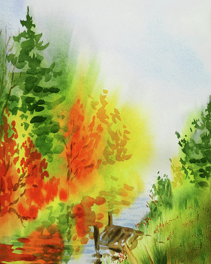 Watercolor Fall Composition Autumn Landscape Trees Leaves Warm Tones Art IX Painting by Irina Sztukowski