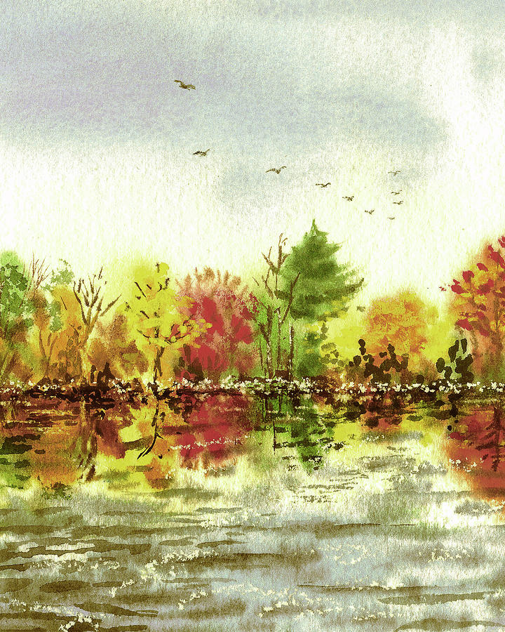 Watercolor Fall Composition Autumn Landscape Trees Leaves Warm Tones Art XII Painting by Irina Sztukowski