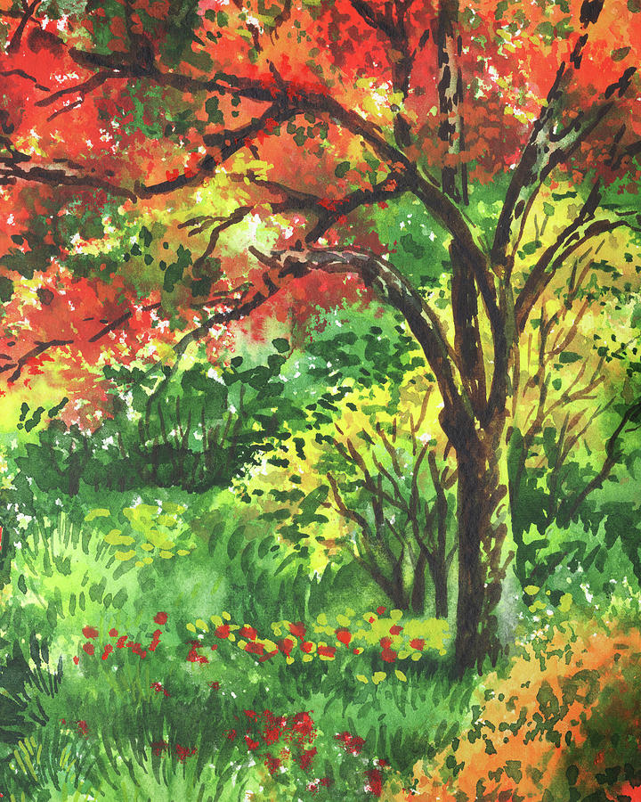 Watercolor Fall Composition Autumn Landscape Trees Leaves Warm Tones Art XIV Painting by Irina Sztukowski