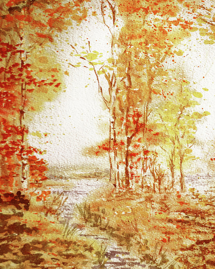 Watercolor Fall Composition Autumn Landscape Trees Leaves Warm Tones Art XIX Painting by Irina Sztukowski