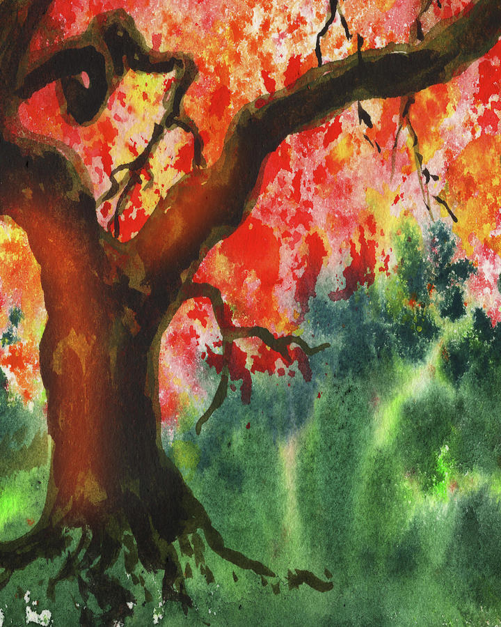 Watercolor Fall Composition Autumn Landscape Trees Leaves Warm Tones Art XVI Painting by Irina Sztukowski