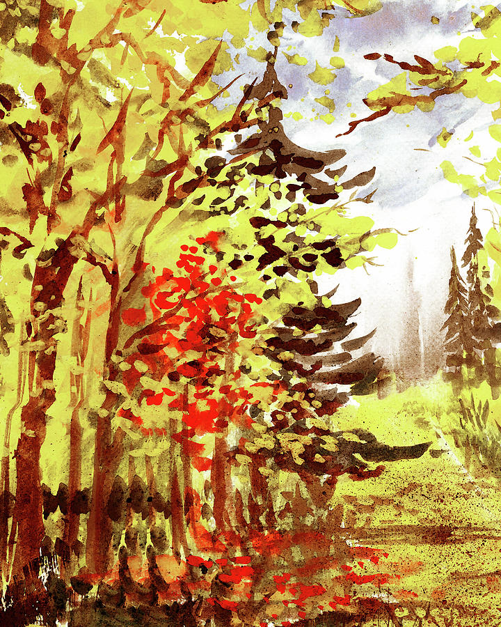 Watercolor Fall Composition Autumn Landscape Trees Leaves Warm Tones Art XVII Painting by Irina Sztukowski