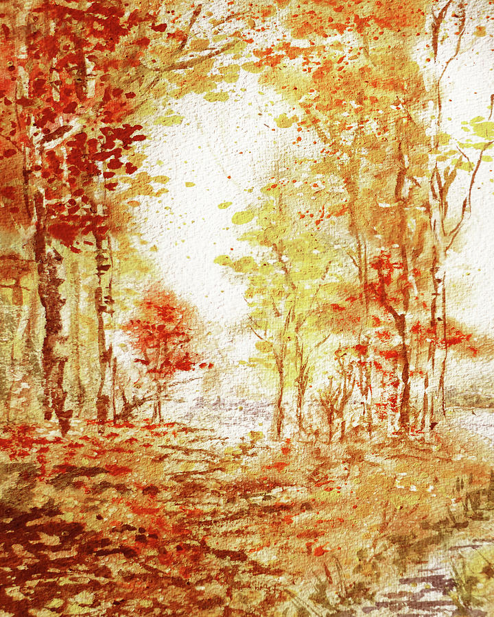 Watercolor Fall Composition Autumn Landscape Trees Leaves Warm Tones Art XX Painting by Irina Sztukowski