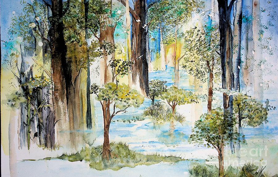 Watercolor Fantasy Landscape 2 greens and blues Painting by Valerie Shaffer