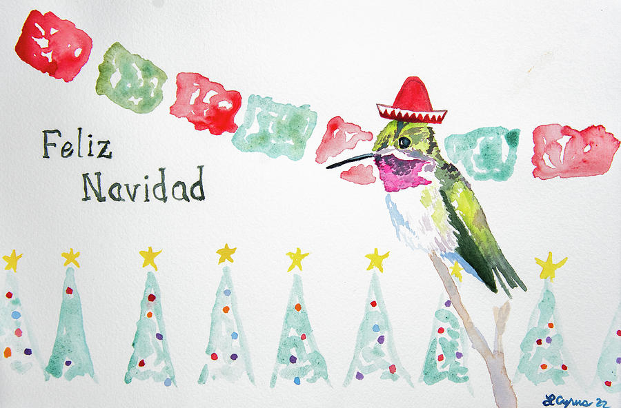 Watercolor - Feliz Navidad Hummingbird Painting by Cascade Colors