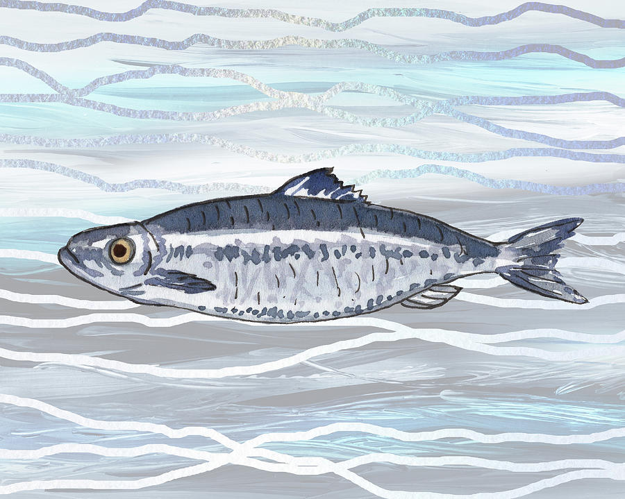Watercolor Fish Teal Blue Waves Painting by Irina Sztukowski