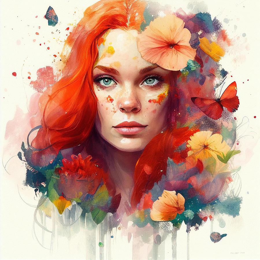 Watercolor Floral Red Hair Woman #5 Digital Art by Chromatic Fusion ...