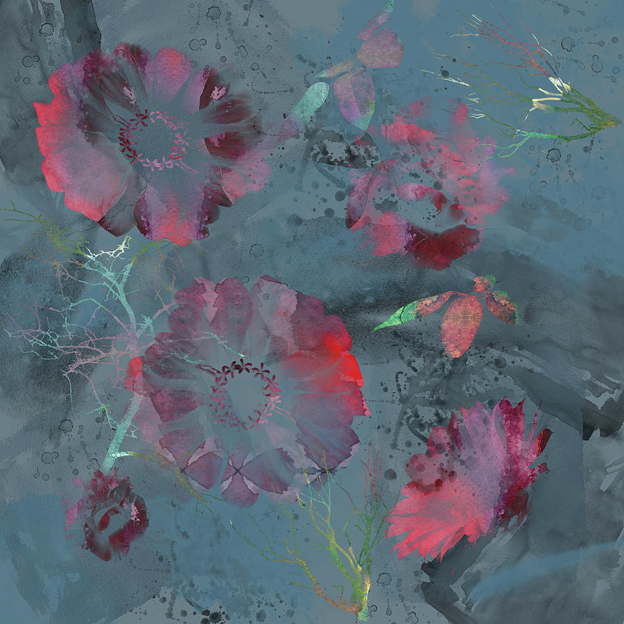Watercolor Flowers on Slate Gray Digital Art by Judi Suni Hall