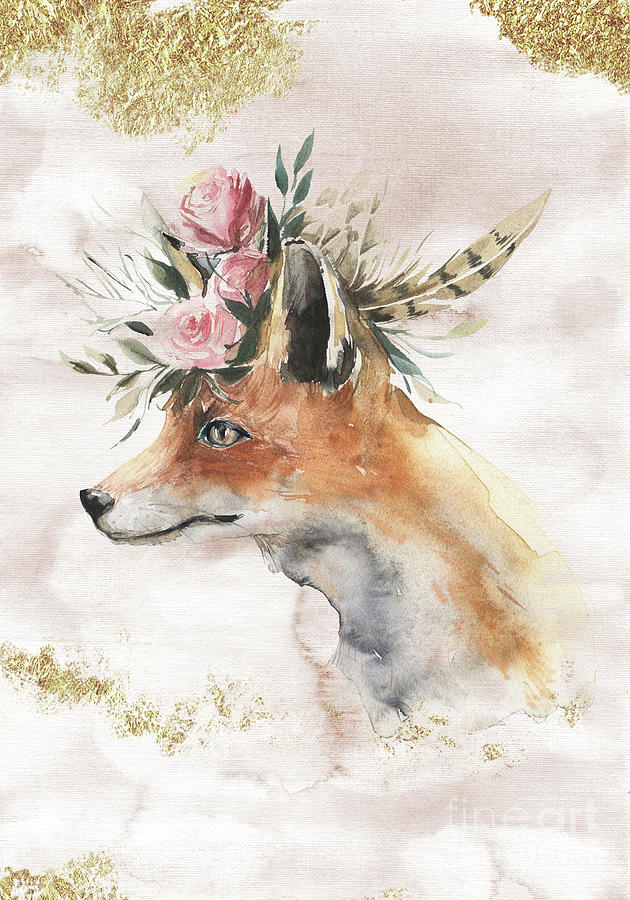 Watercolor Fox With Flowers And Gold Painting by Garden Of Delights