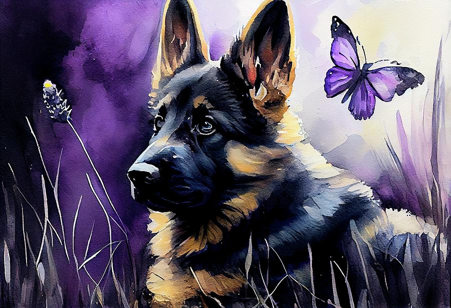 Watercolor German Shepherd Puppy and Butterfly 2 Digital Art by Angie Tirado