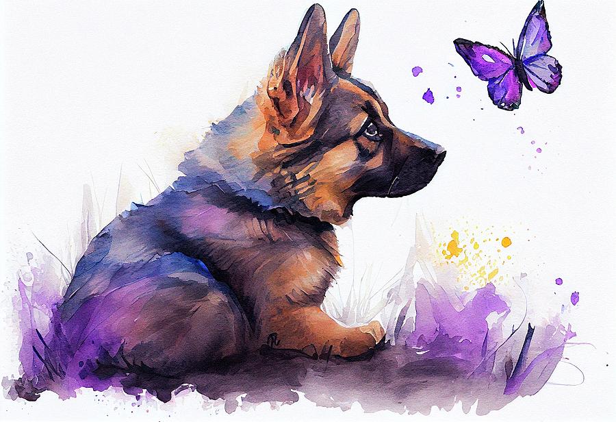 Watercolor German Shepherd Puppy and Butterfly on White Digital Art by Angie Tirado