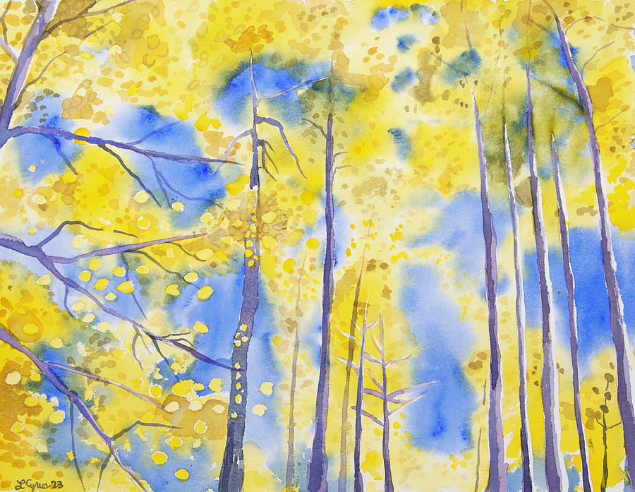 Watercolor - Golden Aspen and Bluebird Sky Painting by Cascade Colors Watercolor - Golden Aspen and Bluebird Sky Painting by Cascade Colors