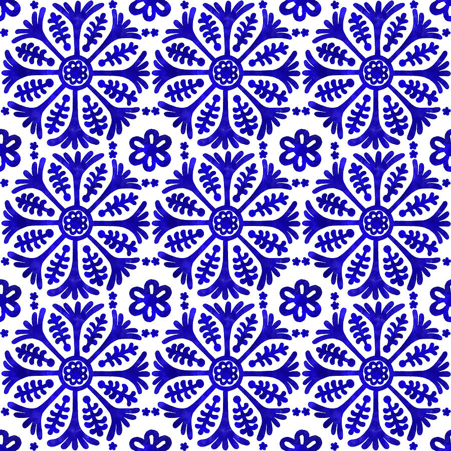 Watercolor Hand Painted Navy Blue Tile. Vector tile pattern, Lisbon Arabic Floral Mosaic, Mediterranean Seamless Navy Blue Ornament Drawing by Gokcemim