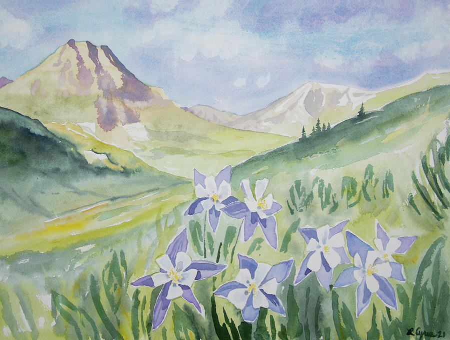 Watercolor - Handies Peak Landscape with Blue Columbine Painting by Cascade Colors