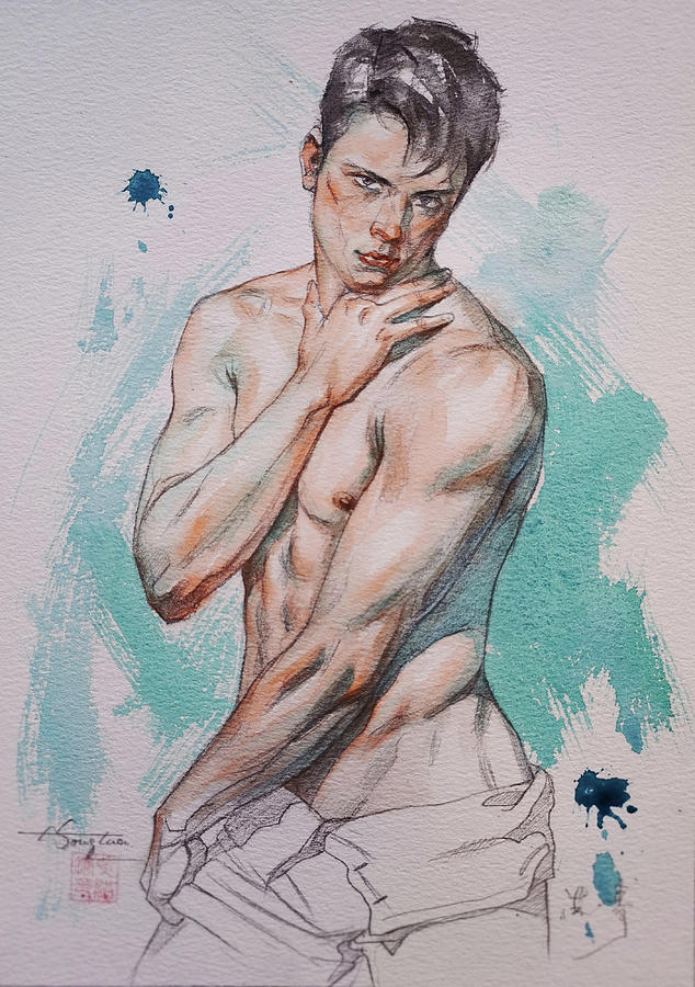 Watercolor handsome model Painting by Hongtao Huang