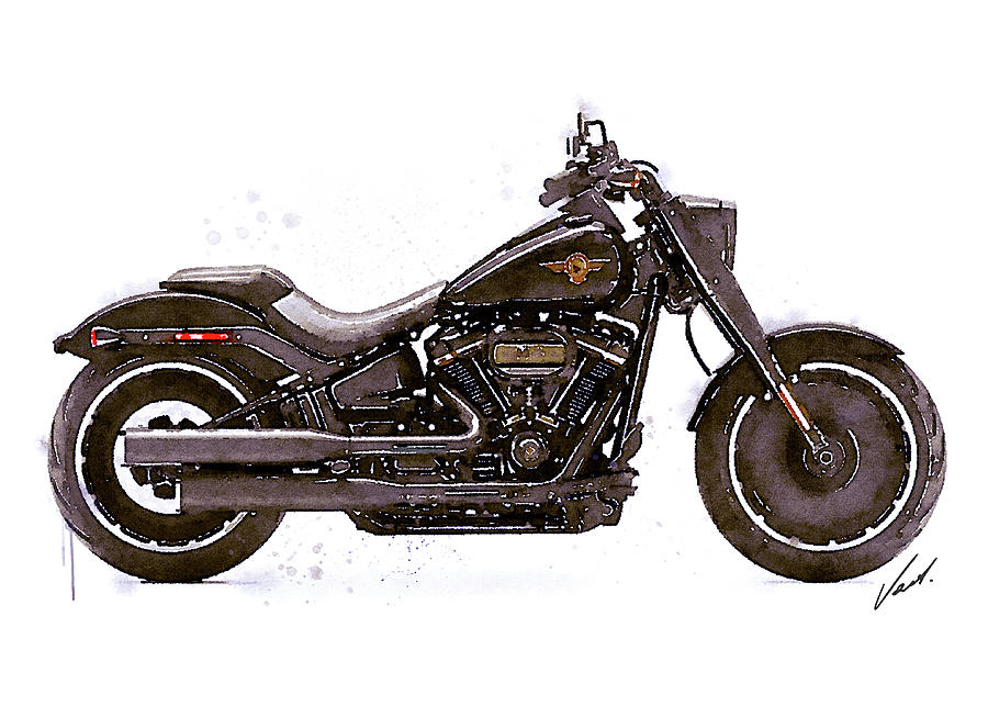Watercolor Harley-Davidson FAT BOY black motorcycle - oryginal artwork by Vart. Painting by Vart Studio