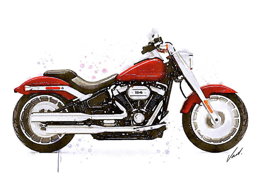 Watercolor Harley-Davidson FAT BOY red motorcycle - oryginal artwork by Vart. Painting by Vart Studio
