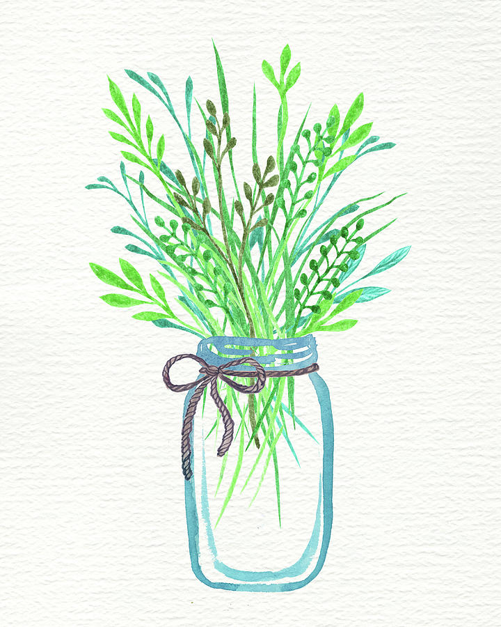 Watercolor Herbs Bunch In A Jar Nature Gift At Best  Painting by Irina Sztukowski