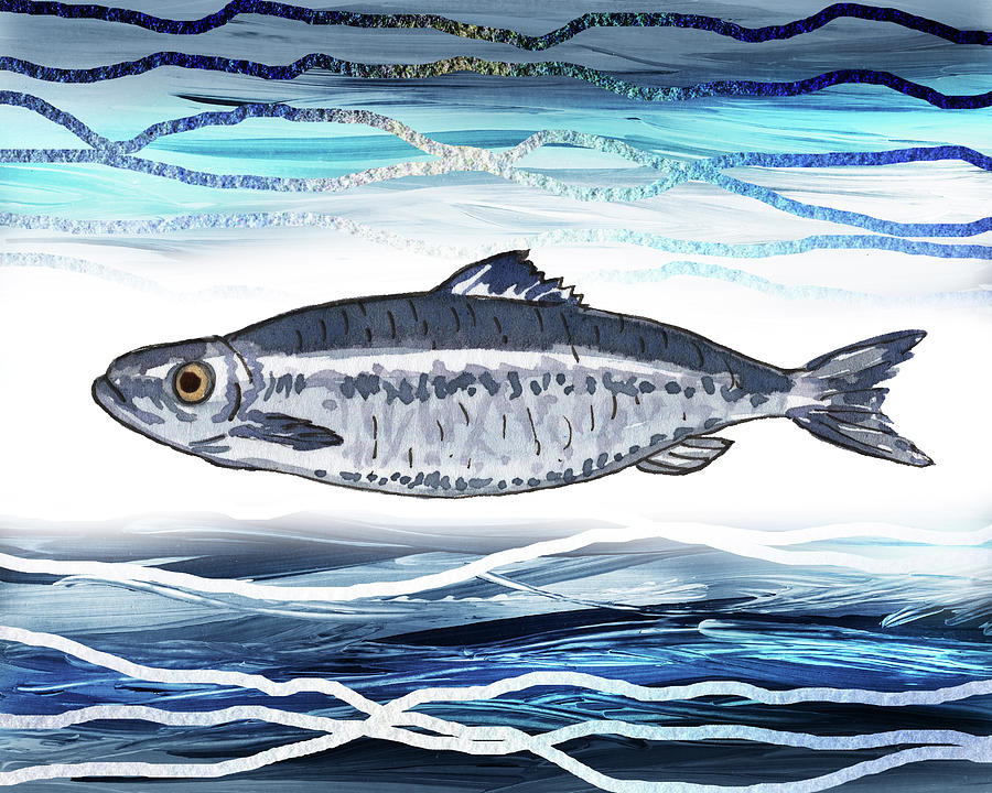 Watercolor Herring Fish Teal Blue Waves Painting by Irina Sztukowski