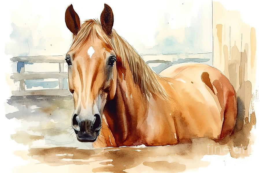 Horse Painting - Watercolor Horse in the Stable Hand Painted Illustration by N Akkash