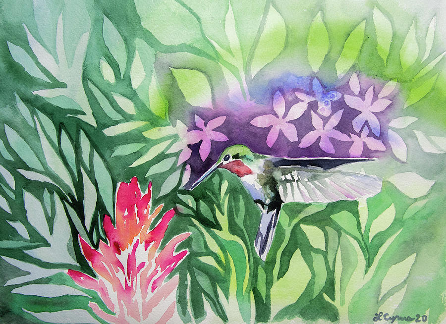 Watercolor - Hummingbird Leaf and Flower Design Painting by Cascade Colors