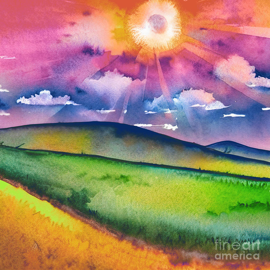 Winter Painting - Watercolor illustrated landscape, colorful, cheerful, sunrise, big clouds, bright meadow, abstract by Mounir Khalfouf