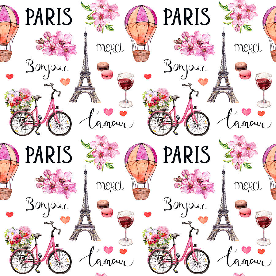 Watercolor Illustration, France Style. Semless Pattern With Pink Blossom Flowers, Bicycle, Wine, Macaroons, Eiffel Tower, Air Balloon And French Words Paris, Lamour, Merci, Bonjour Drawing
